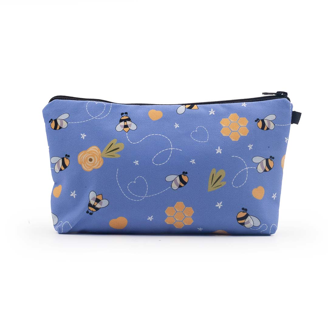 Image shows a blue pencil bag with bees