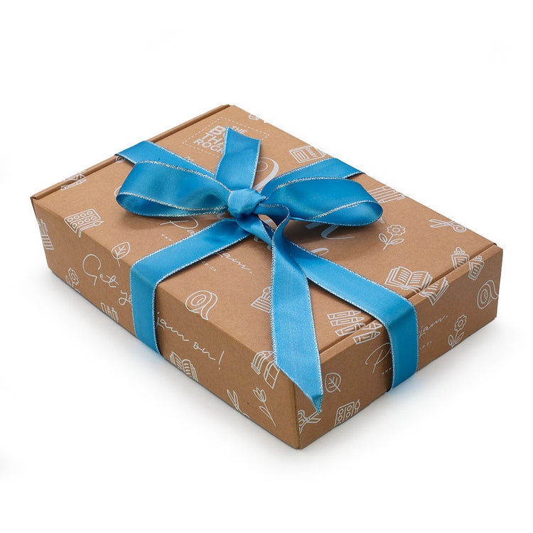 Image shows a jam packed box with blue ribbon