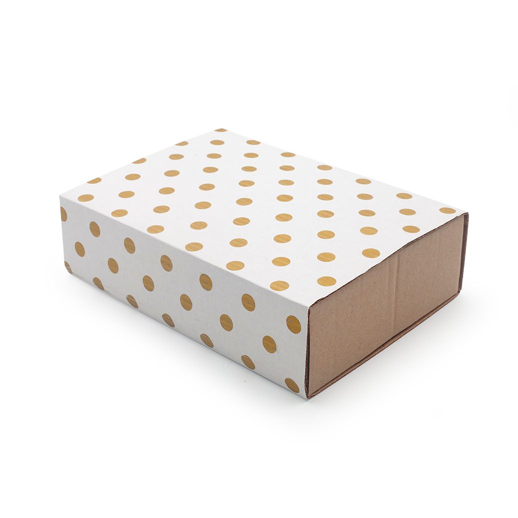 Image shows a white gift box with gold polka dots