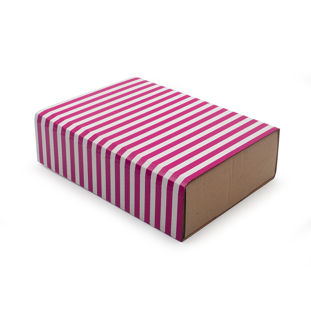 Image shows a gift box with pink and white stripes
