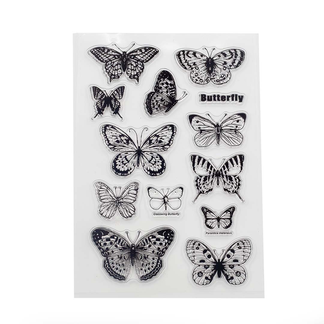 Image shows a silicone stamp with different butterflies