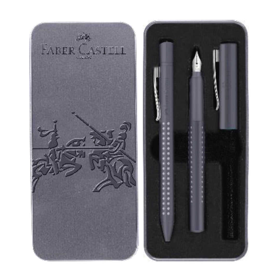 Image shows a Faber-Castell Harmony grip pen set (dapple grey)
