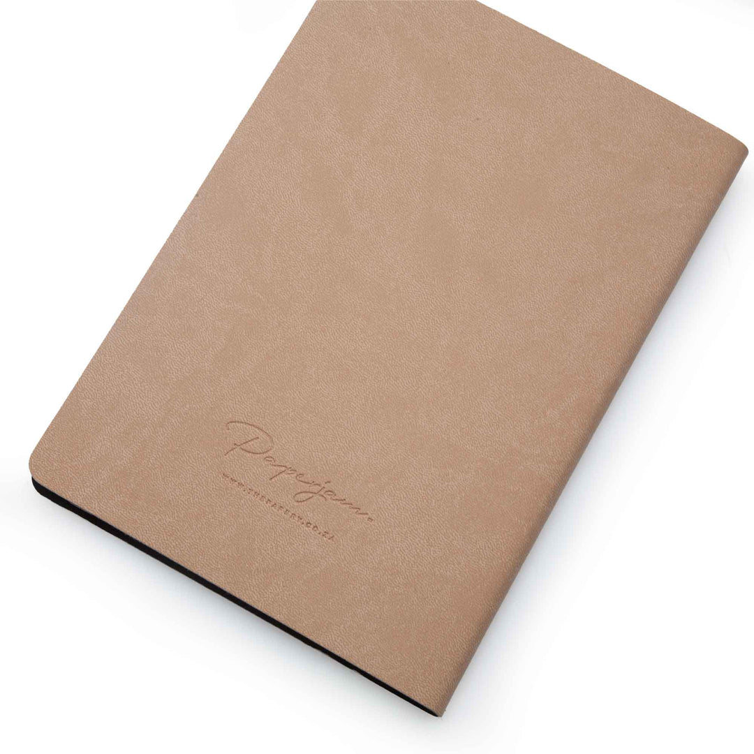 Image shows the back cover of a chestnut Flexi softcover journal