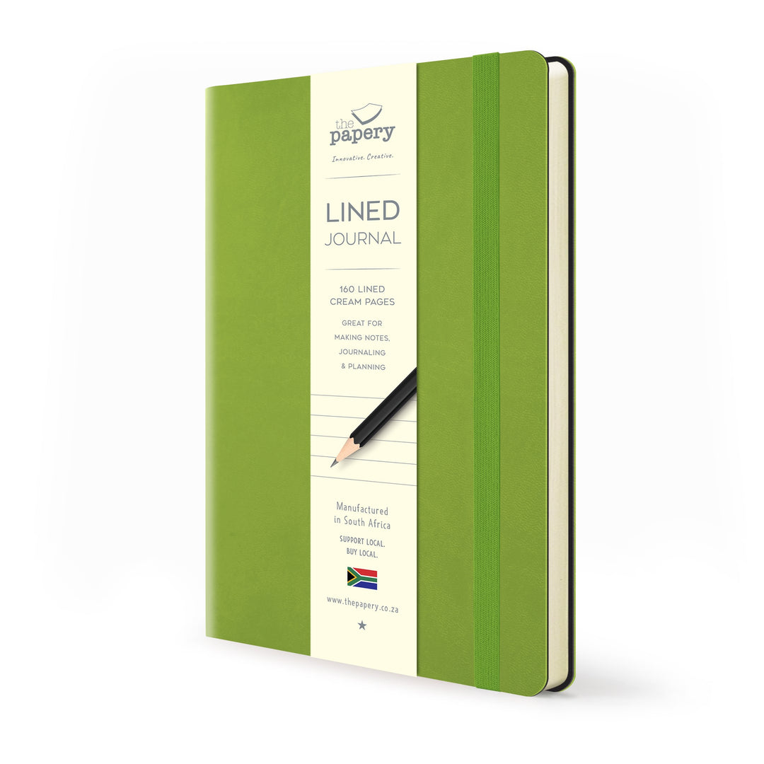 Image shows a lined green Flexi softcover journal