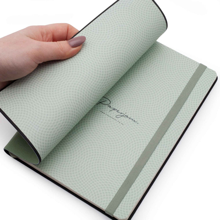 Image shows the endpapers of a sage Flexi softcover journal