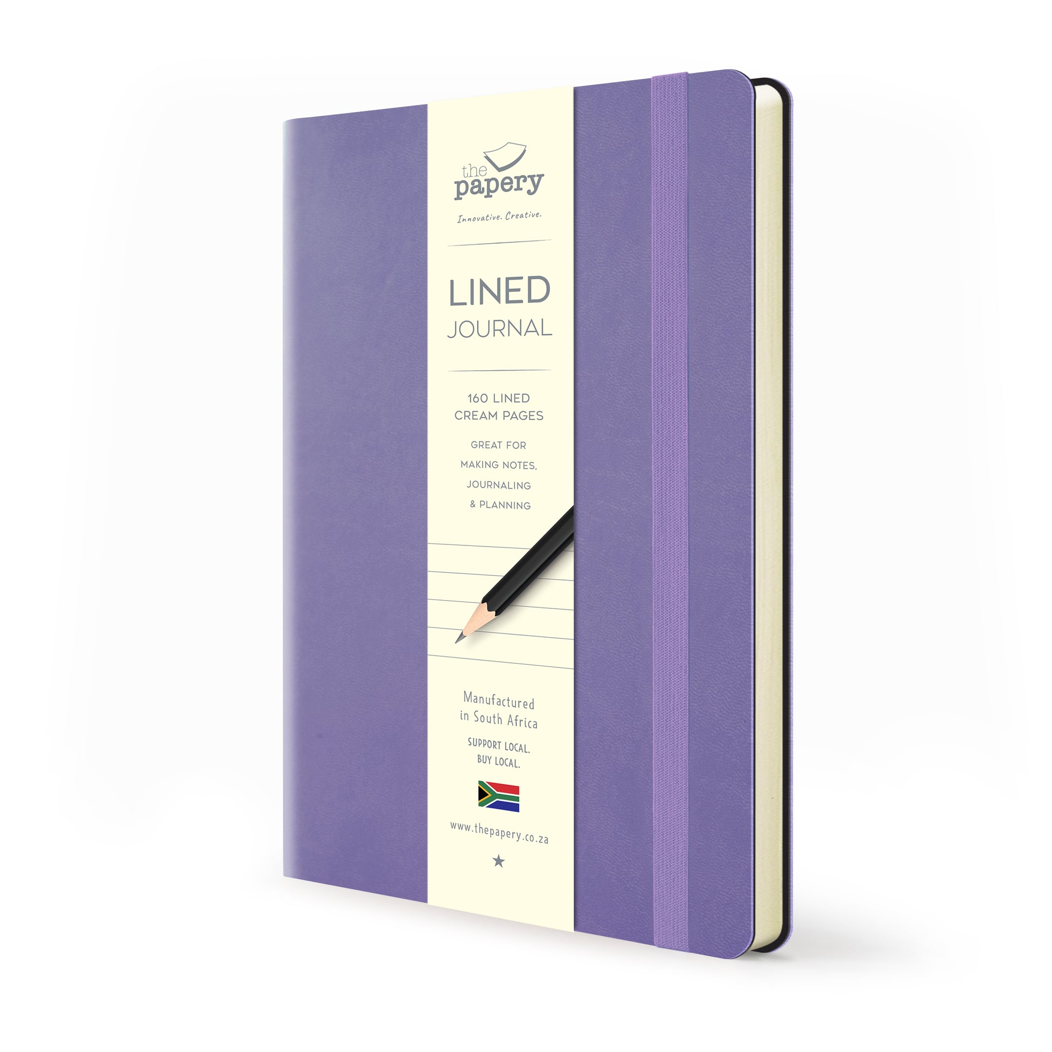 Image shows a lined lavender Flexi journal