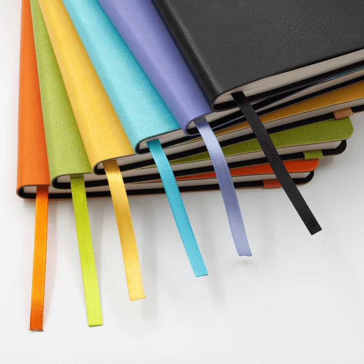Image shows the ribbons of various colours in the Flexi softcover journal
