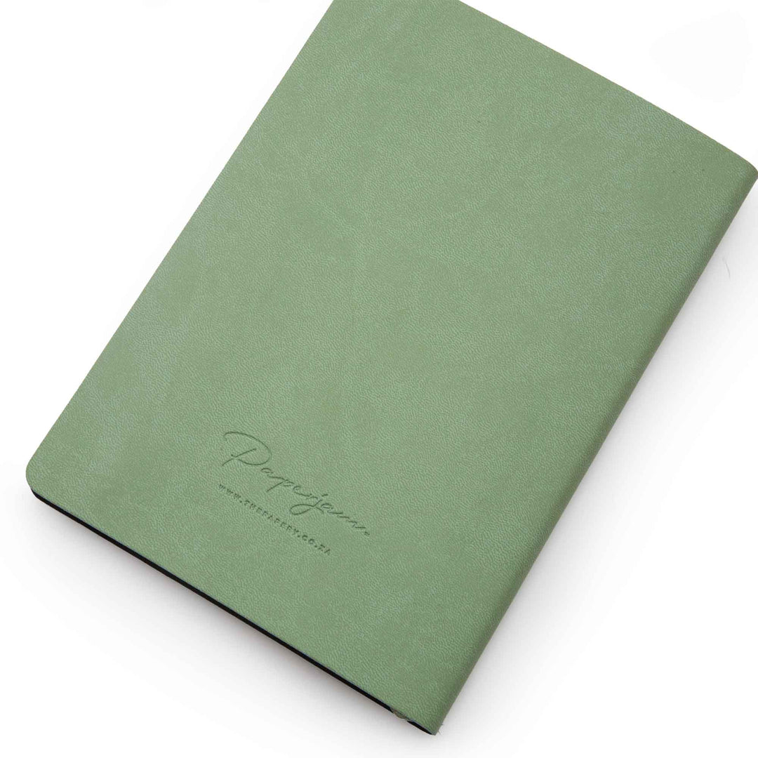 Image shows the back cover of a sage Flexi softcover journal