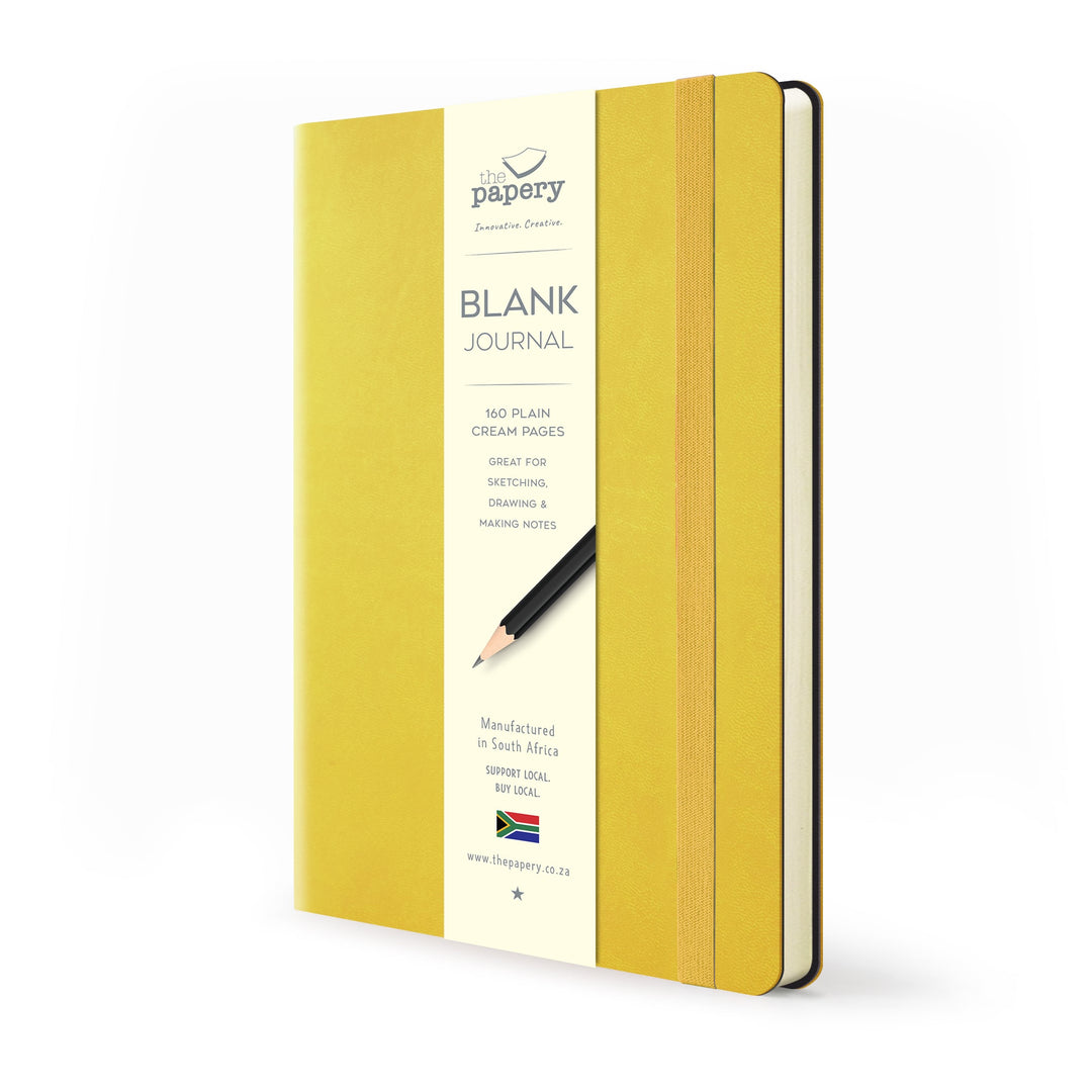 Image shows a blank yellow Flexi softcover journal