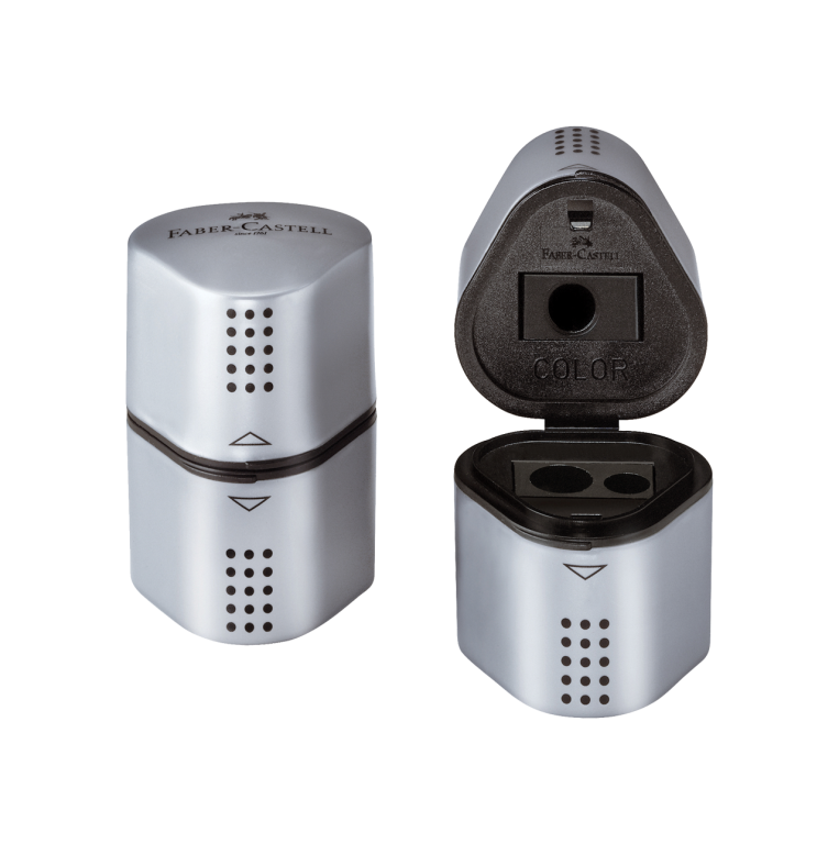 Image shows a grey Faber-Castell trio hole sharpener