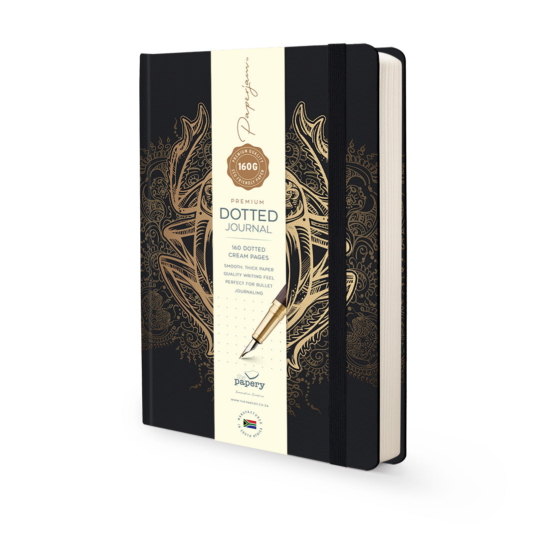 Image shows a Golden Scarab Premium hardcover journal (with bellyband)