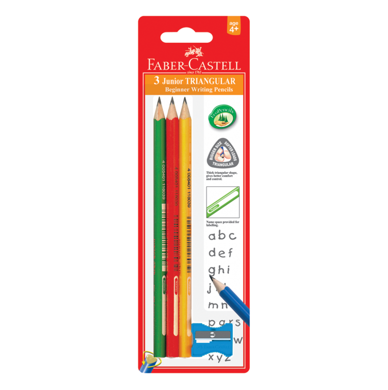 Image shows a set of 3 Faber-Castell Junior triangular pencils