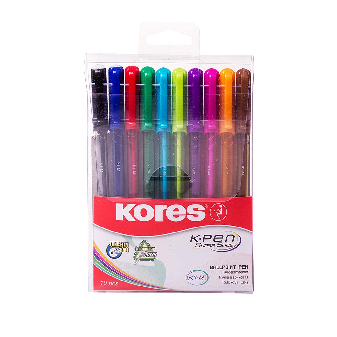 Image shows a set of 10 Kores ballpoint pen in assorted colours