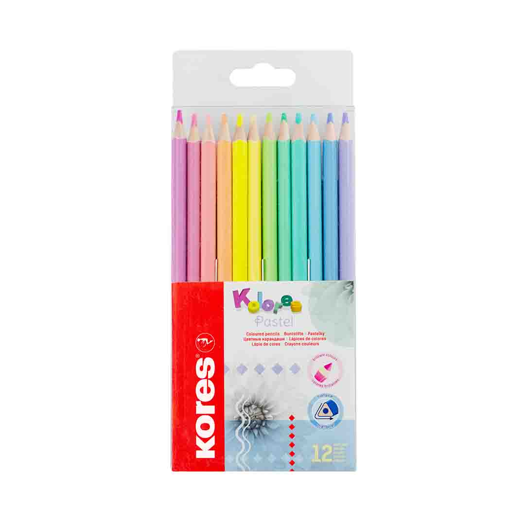 Image shows a set of 12 Kores Pastel colour pencils