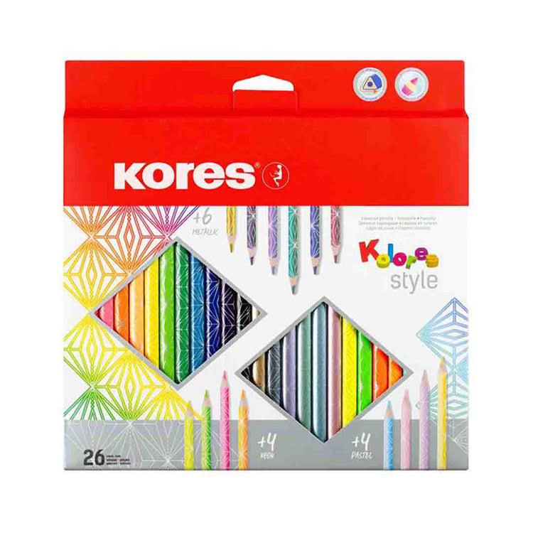 Image shows a set of 26 Bright Kores colour pencils (includes 4 pastel colours and 4 neon)