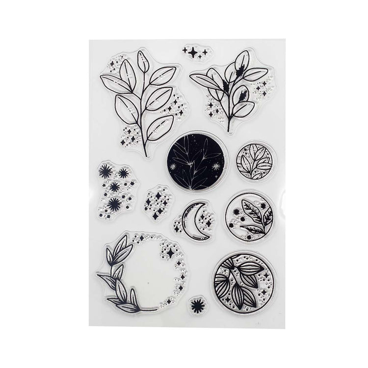 Image shows a silicone stamp with flowers, moons and stars
