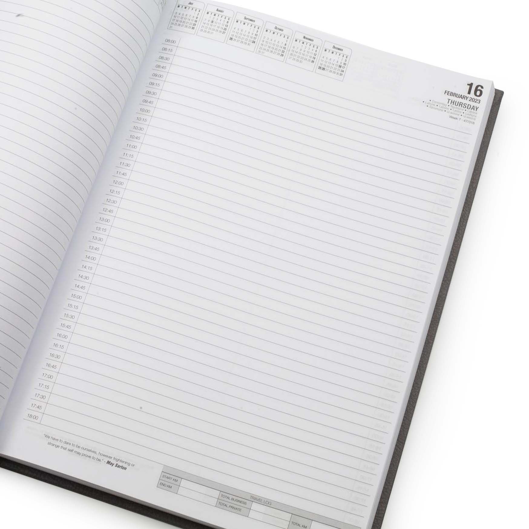 Image shows a daily page in the A4 Nappa 2023 diary