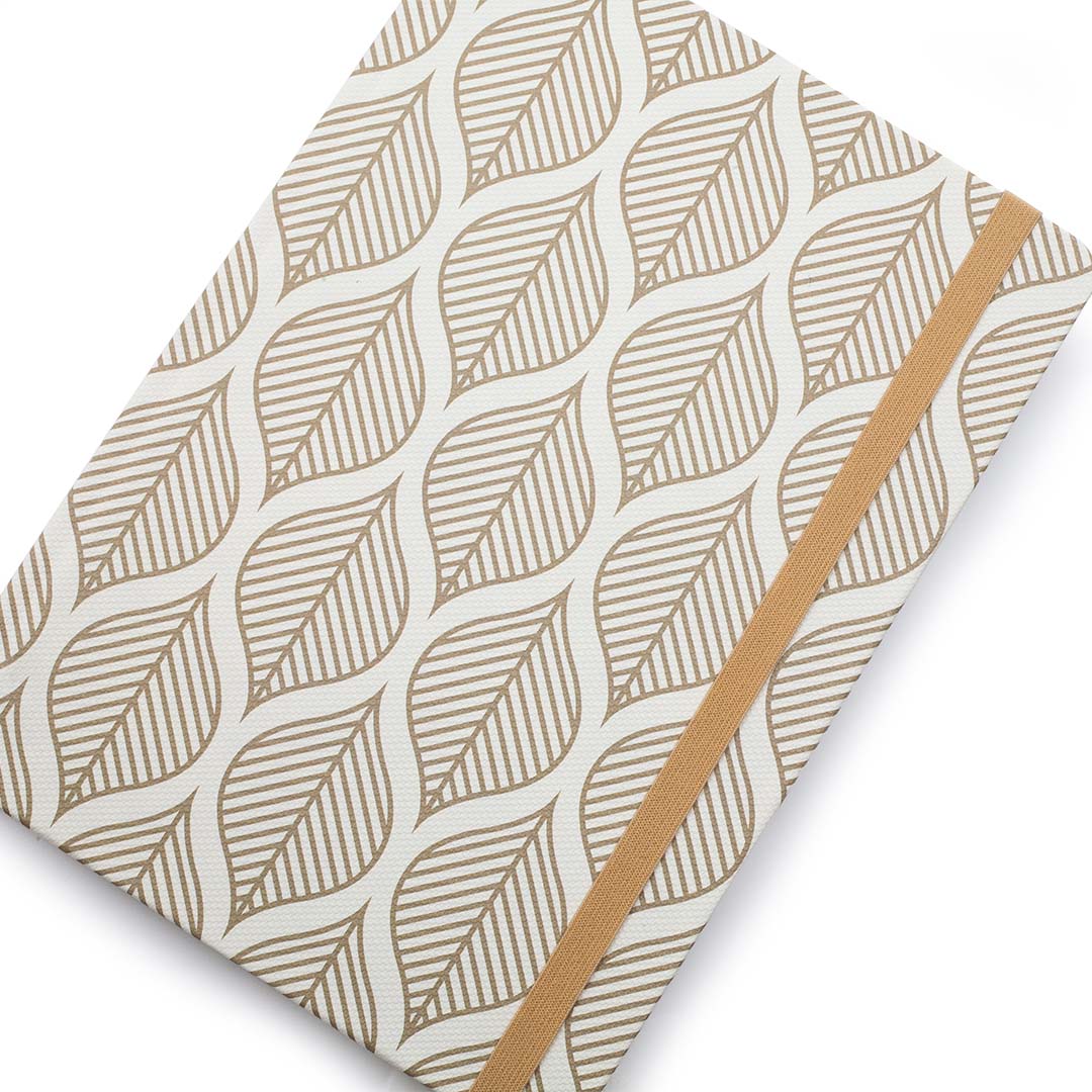 Image shows the front top view of a Nature Geometric Gold Leaves journal