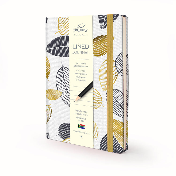 Image shows a lined Gold Leaves journal