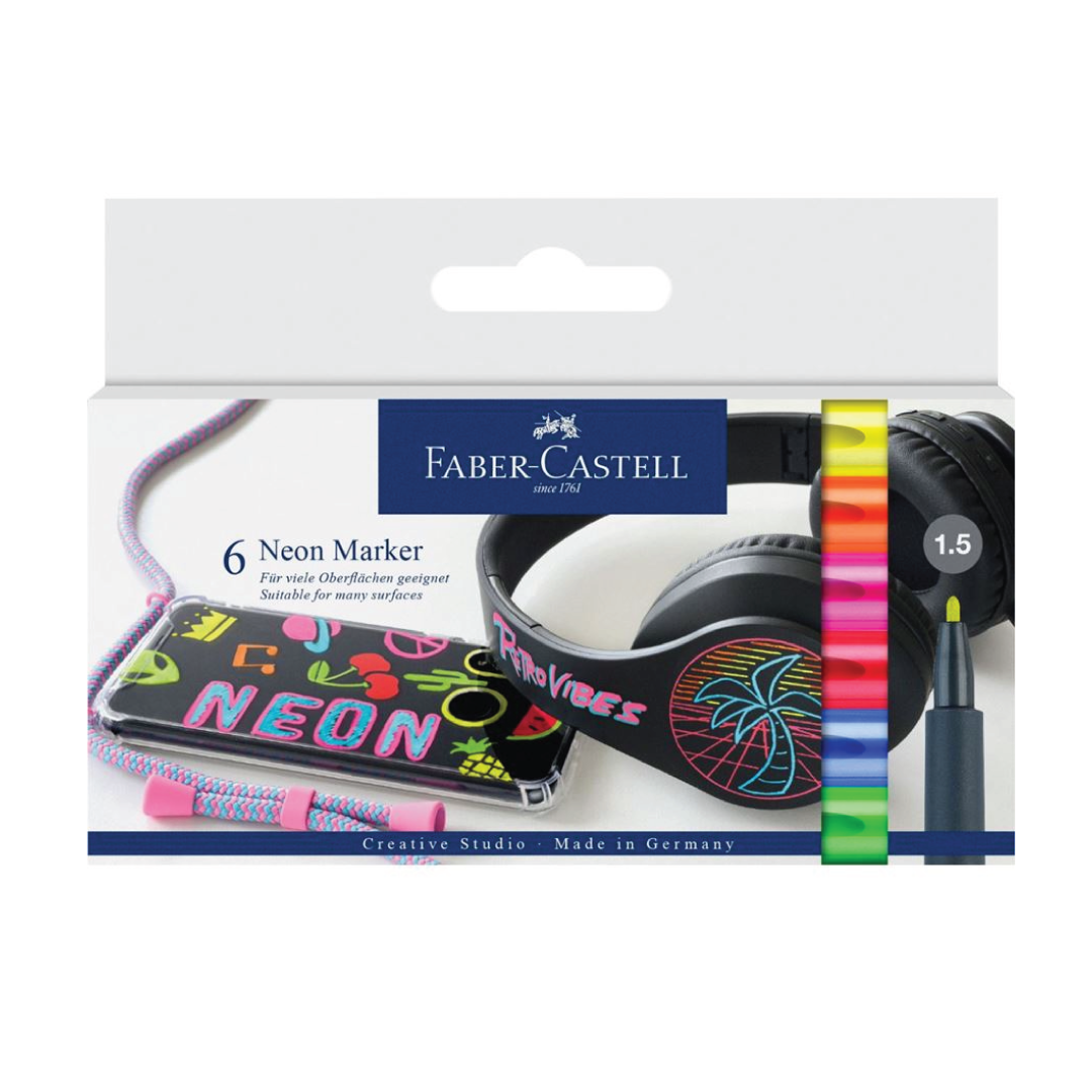 Image shows a set of 6 Faber-Castell Neon markers