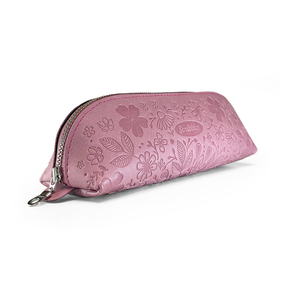 Image shows a pleather orchid pencil bag