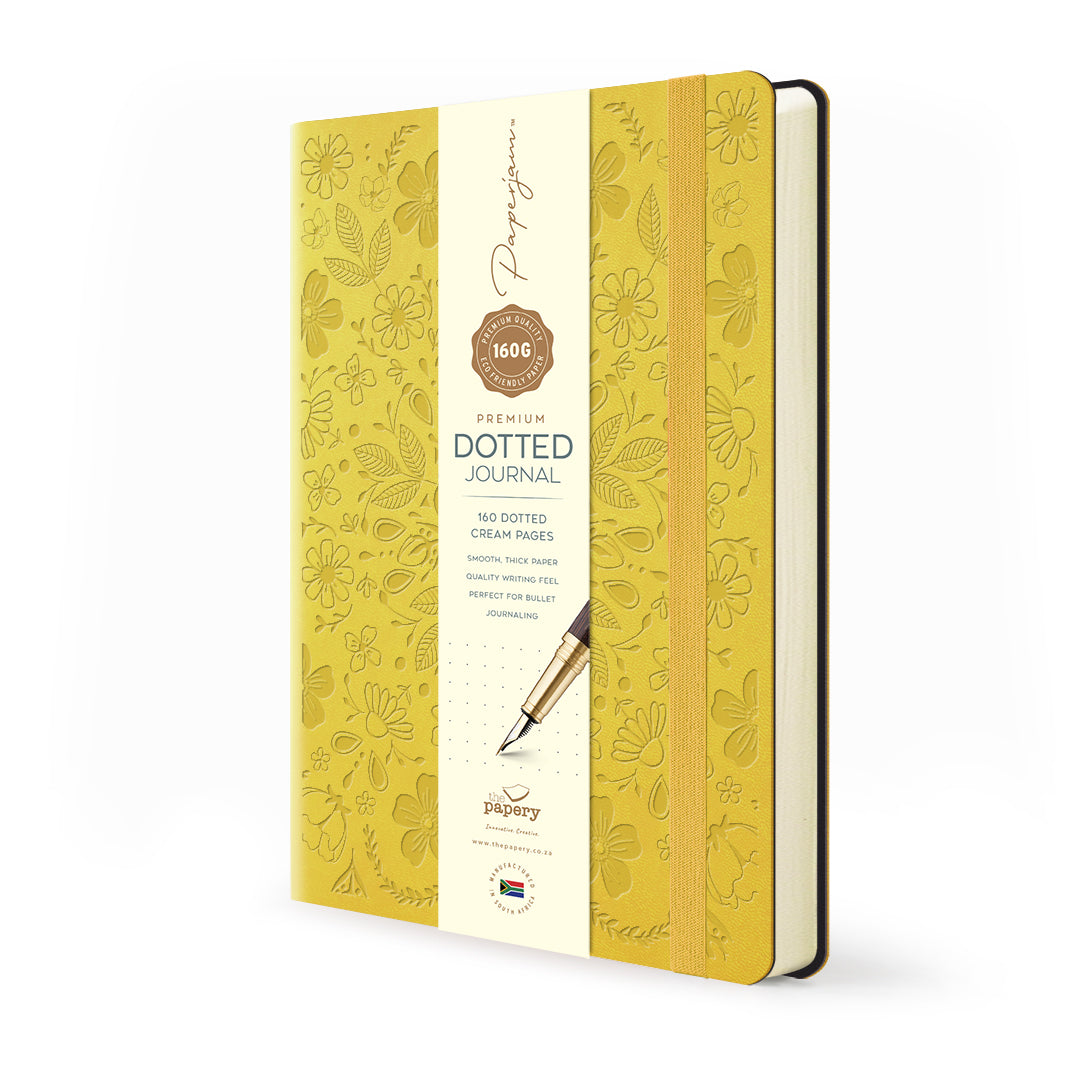 Image shows a yellow Flexi premium journal (with bellyband)