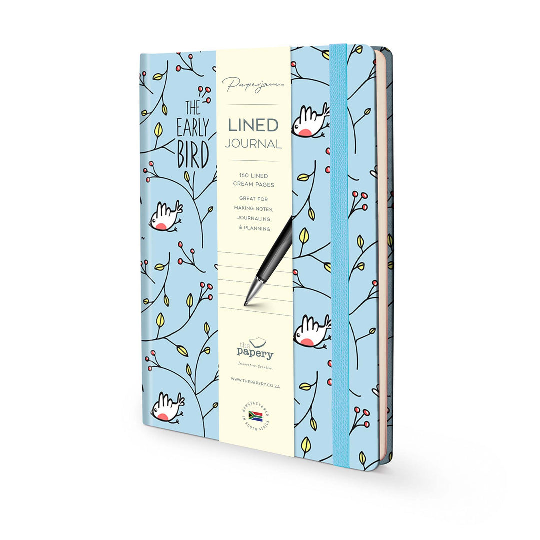 Image shows a lined Retro Early Bird journal