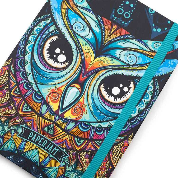 Image shows a close up, front top view of a Retro Owl journal