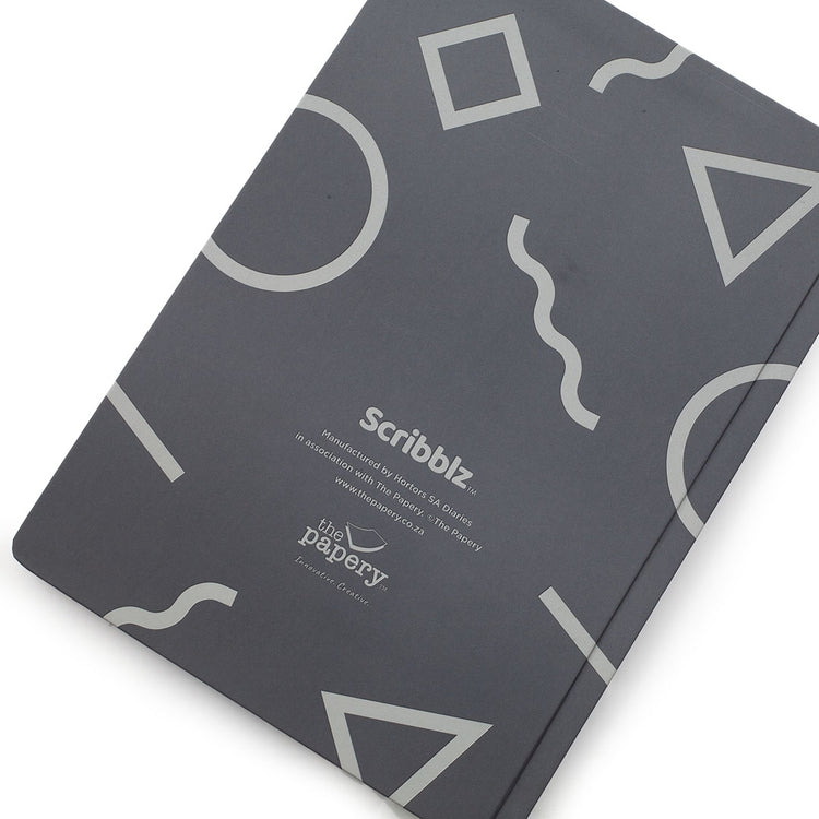 Image shows the back cover of an A4 Charcoal Geometric Scribblz journal