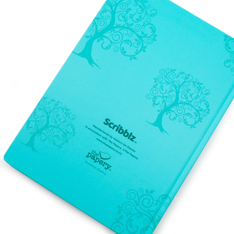 Image shows the back cover of an A4 Turquoise Tree Scribblz journal