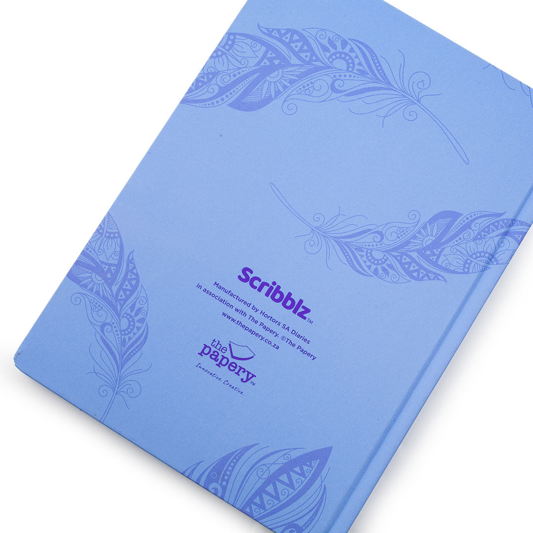 Image shows the back cover of an A4 Lilac Feather Scribblz journal