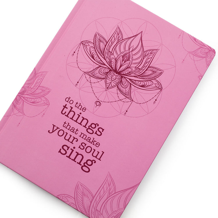 Image shows a front top view of an A4 Turquoise Pink Lotus journal