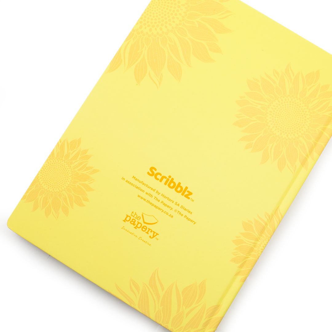 Image shows the back cover of an A4 Sunshine yellow Scribblz journal