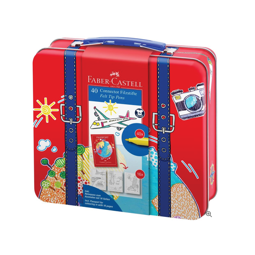 Image shows a Faber-Castell stationery suitcase container with connector pens