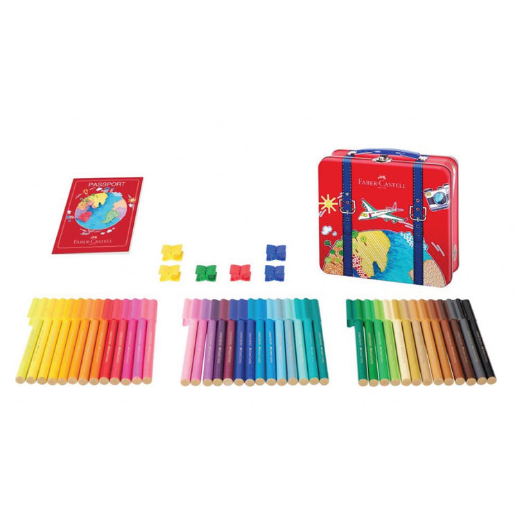 Image shows a Faber-Castell stationery suitcase container with it's contents