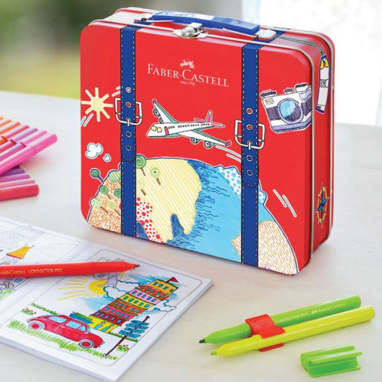 Image shows a Faber-Castell stationery suitcase container with connector pens