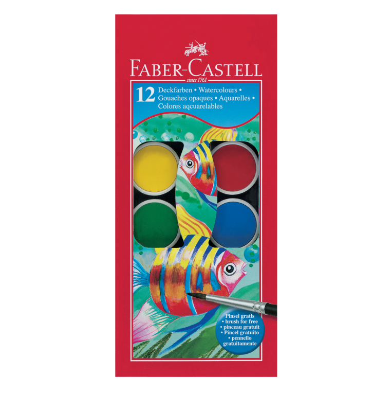 Image shows a set of 12 Faber-Castell watercolour paints