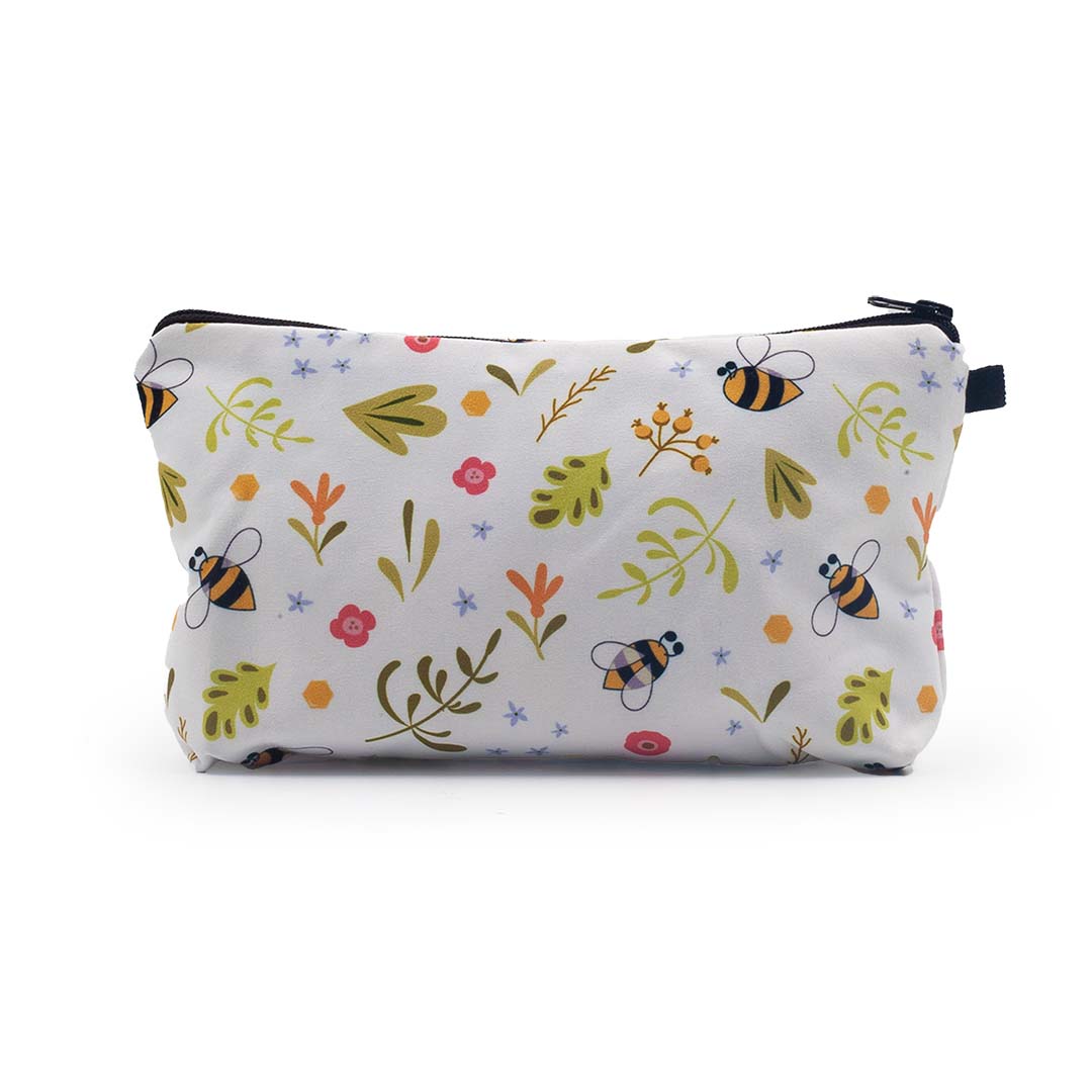 Image shows a white pencil bag with bees, flowers and leaves